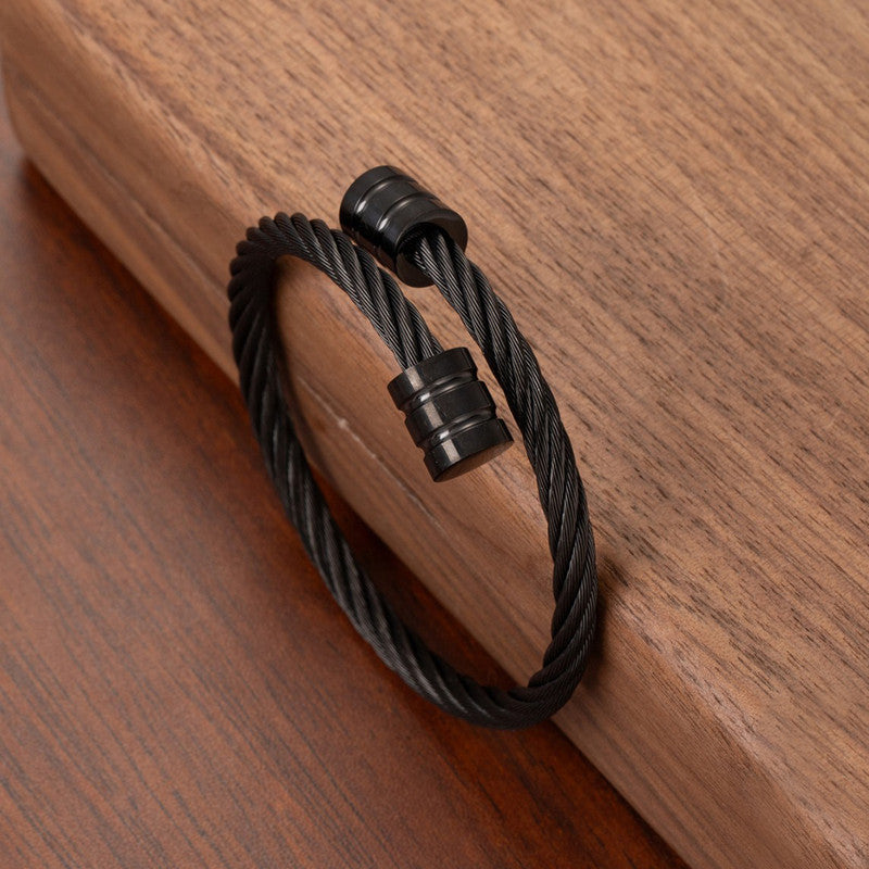 Jewels Galaxy Black Silver Plated Stainless Steel Anti Tarnish Rope Design Cuff Bracelet For Men