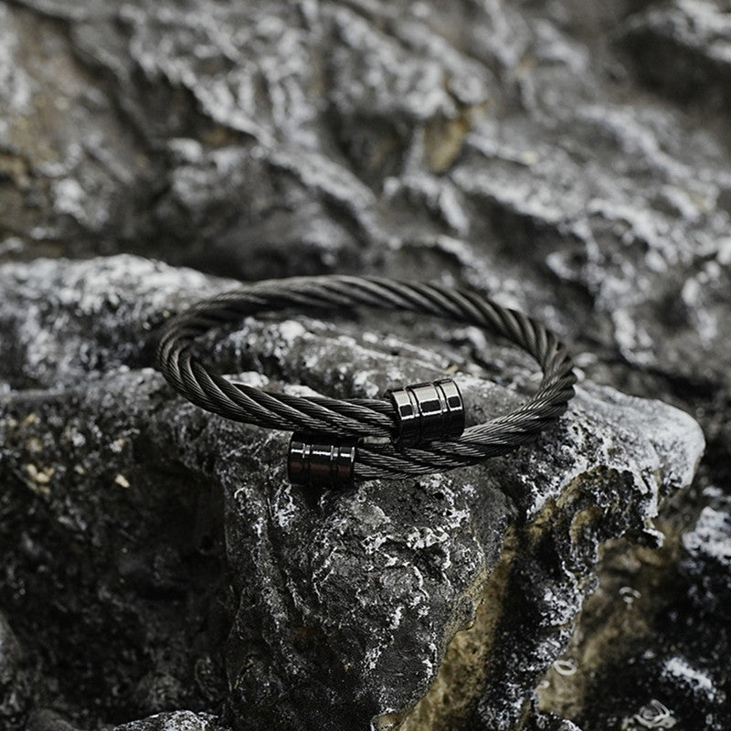 Jewels Galaxy Black Silver Plated Stainless Steel Anti Tarnish Rope Design Cuff Bracelet For Men