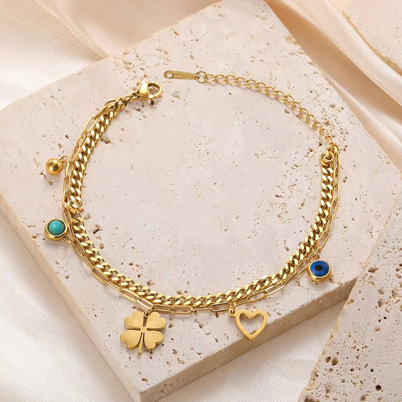 Jewels Galaxy Gold Plated Stainless Steel Anti Tarnish Clover themed Evil Eye Wraparound Bracelet