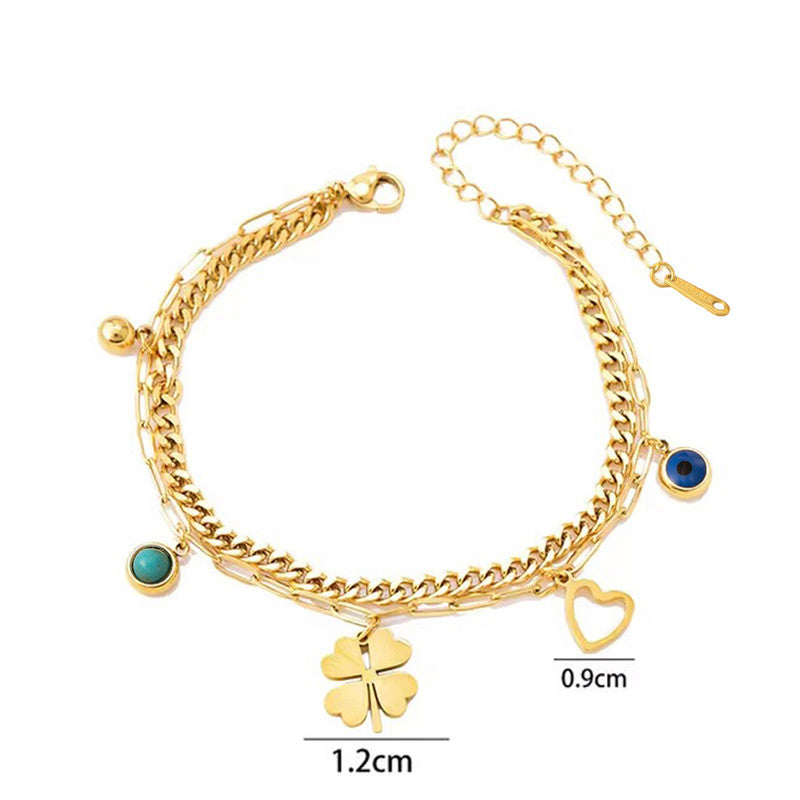 Jewels Galaxy Gold Plated Stainless Steel Anti Tarnish Clover themed Evil Eye Wraparound Bracelet