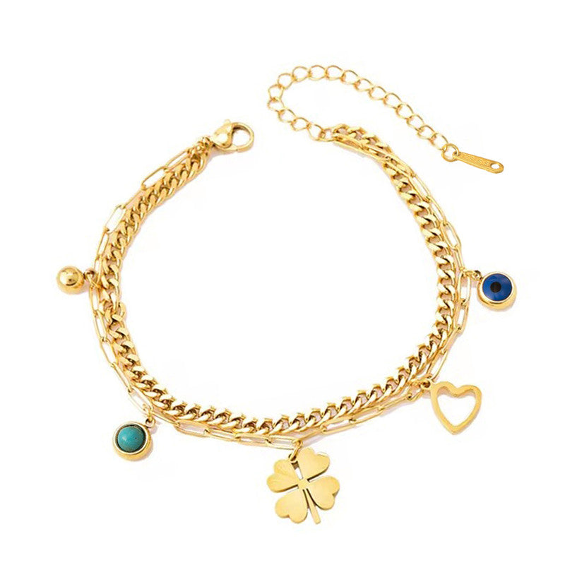 Jewels Galaxy Gold Plated Stainless Steel Anti Tarnish Clover themed Evil Eye Wraparound Bracelet