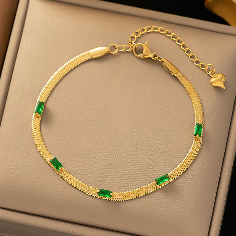 Jewels Galaxy Gold Plated Stainless Steel Anti Tarnish Snake Chain Green Emerald Studded Bracelet