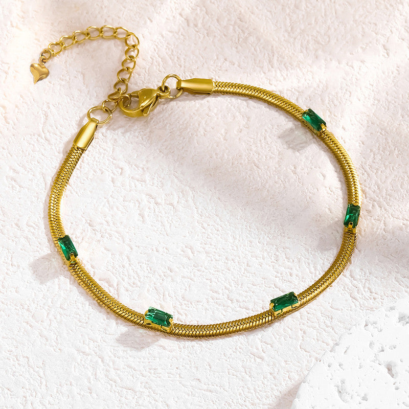 Jewels Galaxy Gold Plated Stainless Steel Anti Tarnish Snake Chain Green Emerald Studded Bracelet