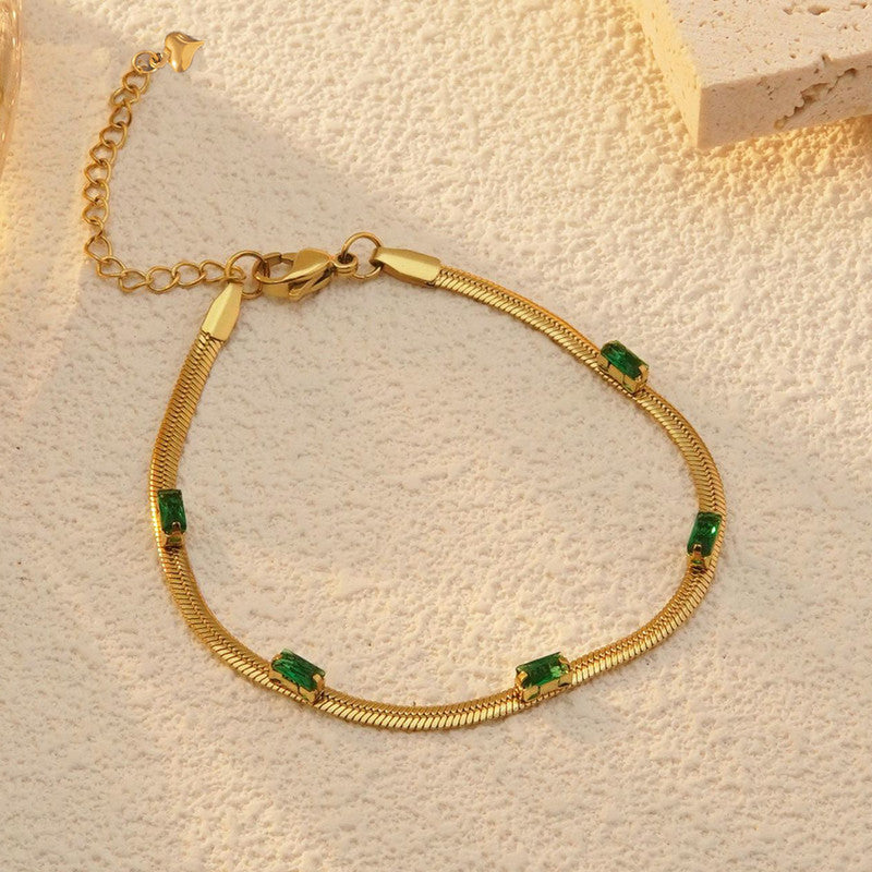 Jewels Galaxy Gold Plated Stainless Steel Anti Tarnish Snake Chain Green Emerald Studded Bracelet
