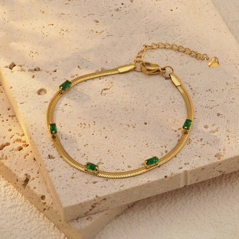 Jewels Galaxy Gold Plated Stainless Steel Anti Tarnish Snake Chain Green Emerald Studded Bracelet