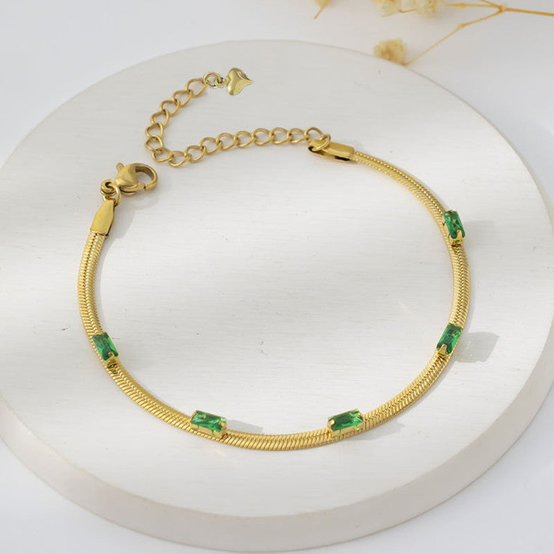 Jewels Galaxy Gold Plated Stainless Steel Anti Tarnish Snake Chain Green Emerald Studded Bracelet