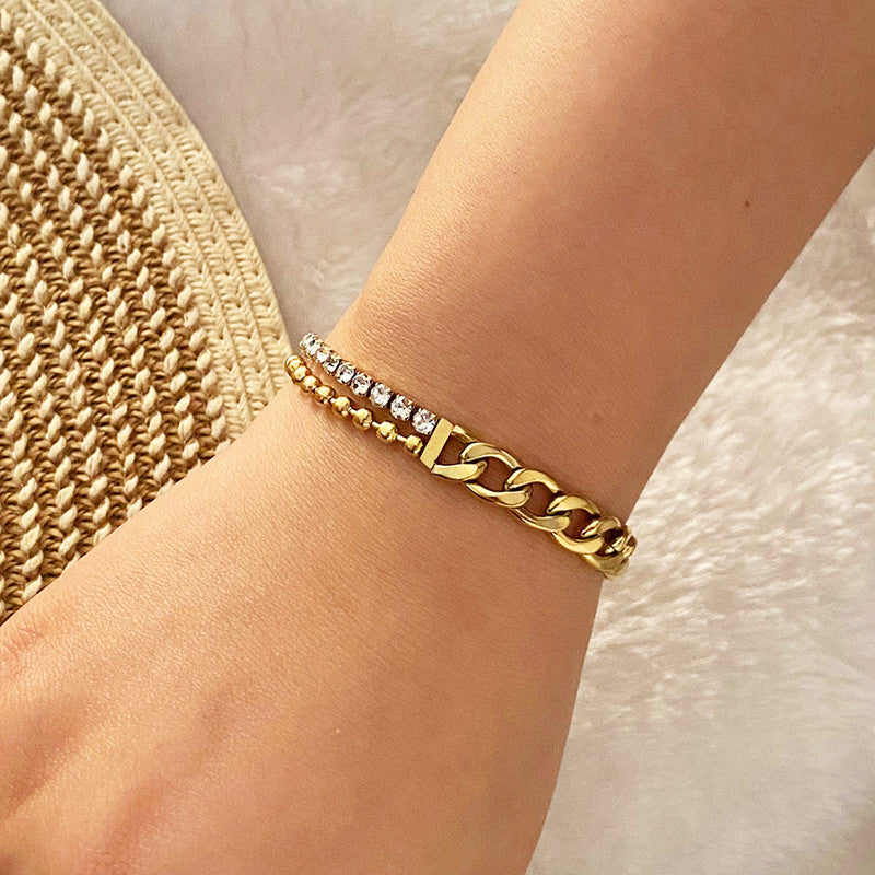 Jewels Galaxy Gold Plated Stainless Steel Anti Tarnish Stone Studded Miami Cuban Link Bracelet