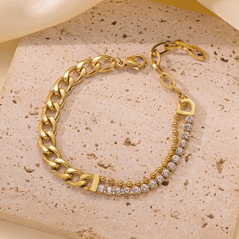 Jewels Galaxy Gold Plated Stainless Steel Anti Tarnish Stone Studded Miami Cuban Link Bracelet