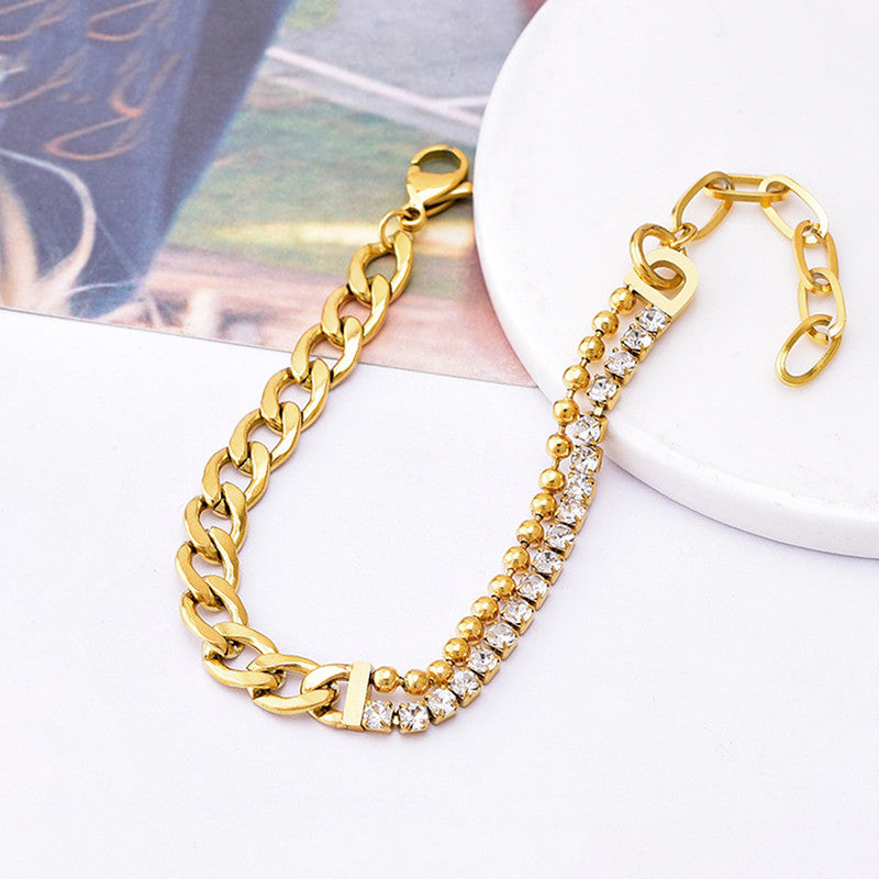 Jewels Galaxy Gold Plated Stainless Steel Anti Tarnish Stone Studded Miami Cuban Link Bracelet