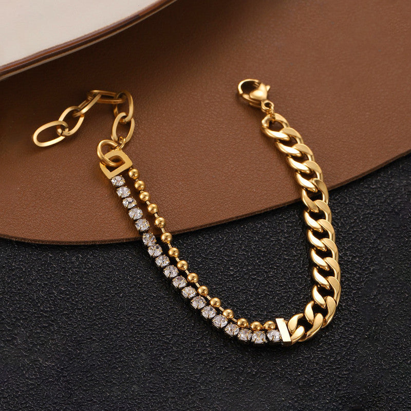 Jewels Galaxy Gold Plated Stainless Steel Anti Tarnish Stone Studded Miami Cuban Link Bracelet
