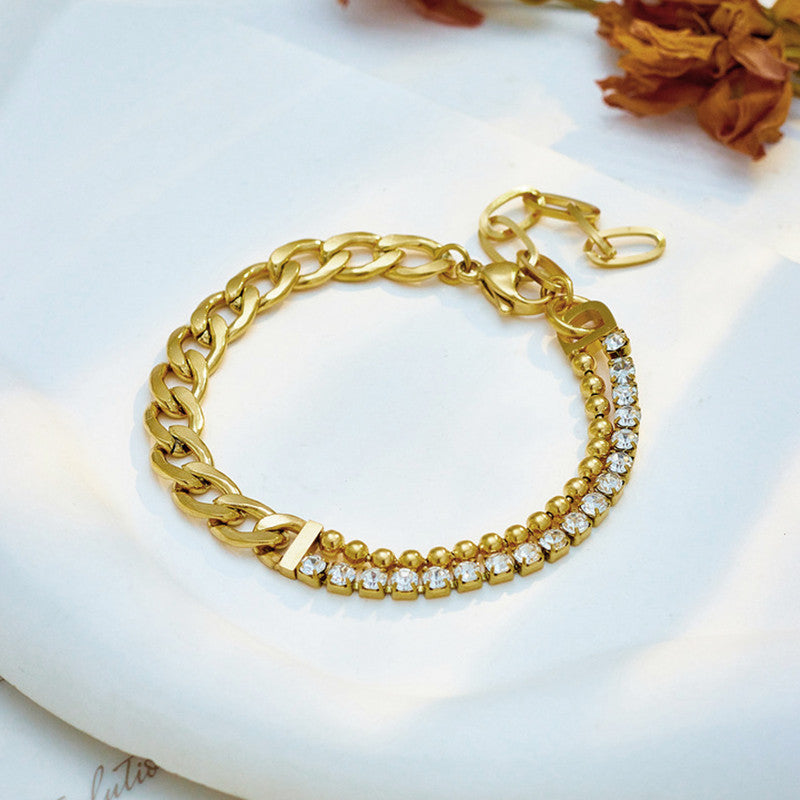 Jewels Galaxy Gold Plated Stainless Steel Anti Tarnish Stone Studded Miami Cuban Link Bracelet