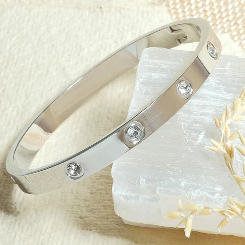 Jewels Galaxy Stainless Steel Contemporary Silver Plated Love AD Anti-Tarnish Bracelet For Women