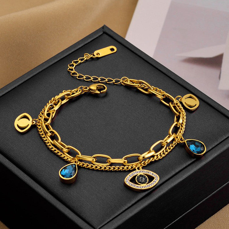 Jewels Galaxy Stainless Steel Anti Tarnish Crystal Studded Evil Eye Bracelet For Women