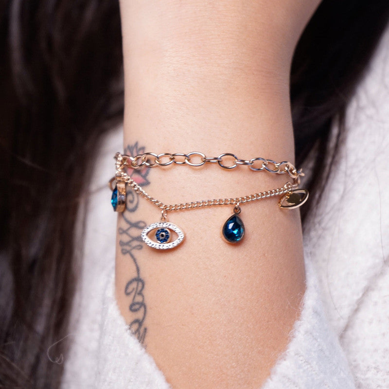 Jewels Galaxy Stainless Steel Anti Tarnish Crystal Studded Evil Eye Bracelet For Women