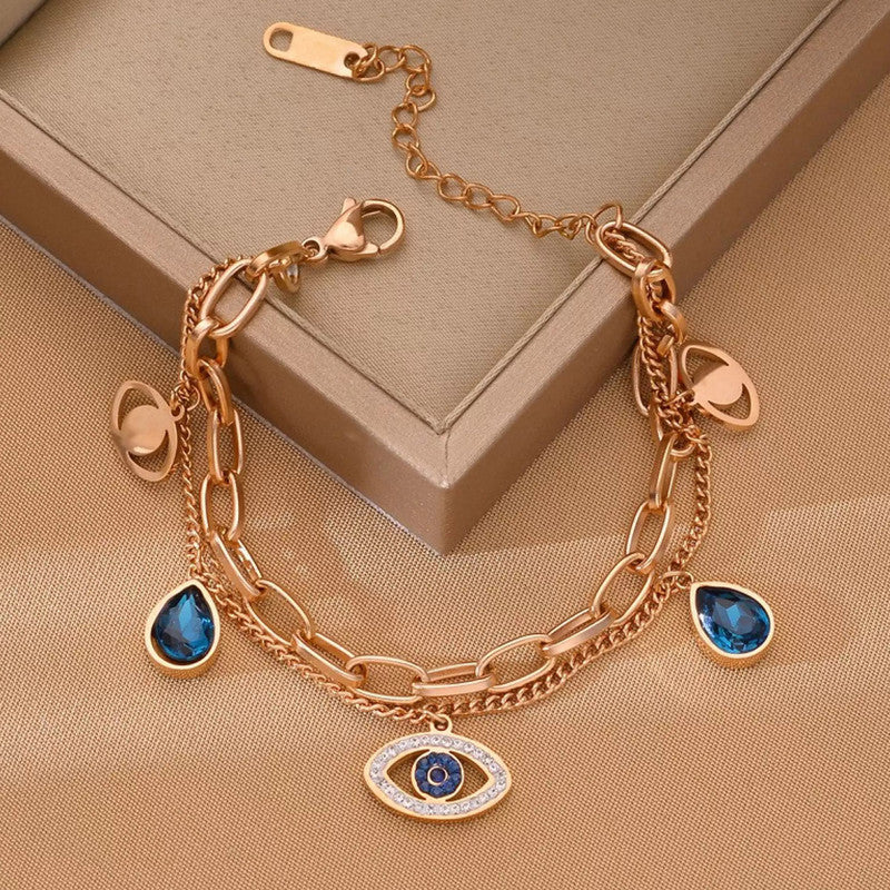 Jewels Galaxy Stainless Steel Anti Tarnish Crystal Studded Evil Eye Bracelet For Women