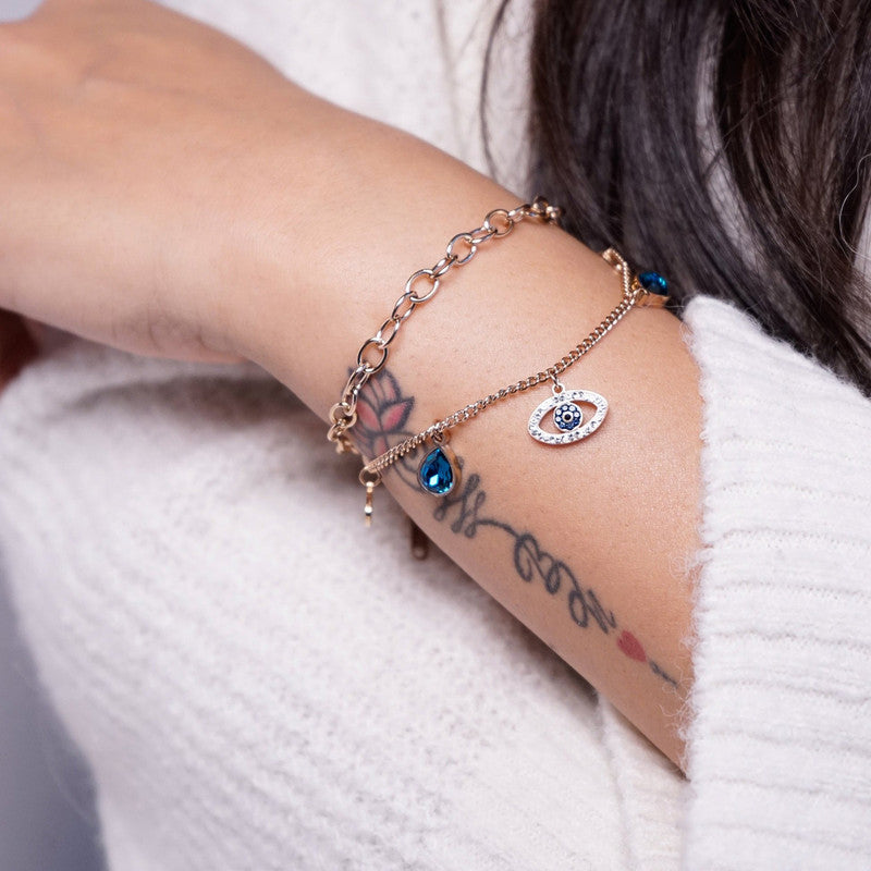 Jewels Galaxy Stainless Steel Anti Tarnish Crystal Studded Evil Eye Bracelet For Women