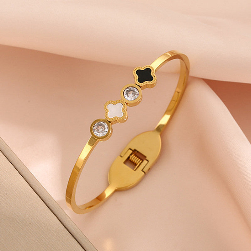 Jewels Galaxy Stainless Steel Mother of Pearls Leaf Clover Anti-Tarnish Bracelet For Women