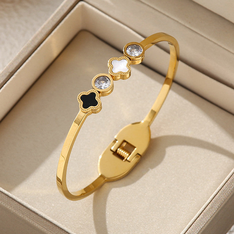 Jewels Galaxy Stainless Steel Mother of Pearls Leaf Clover Anti-Tarnish Bracelet For Women