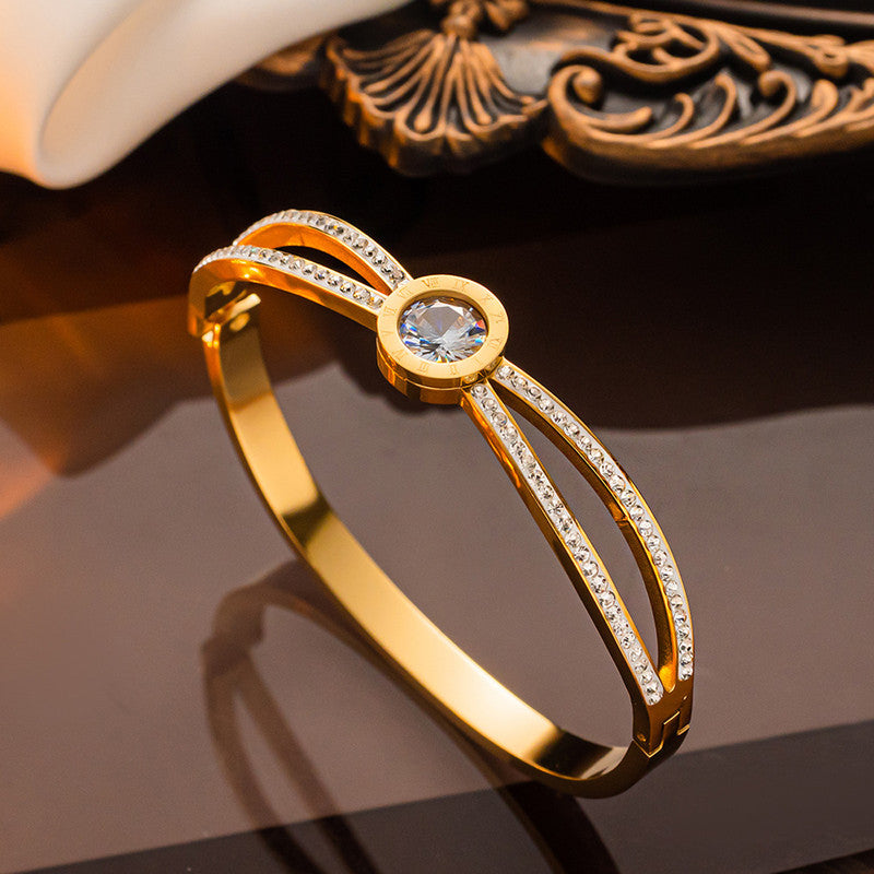 Jewels Galaxy Stainless Steel Roman Numerals AD Studded Anti-Tarnish Bracelet For Women