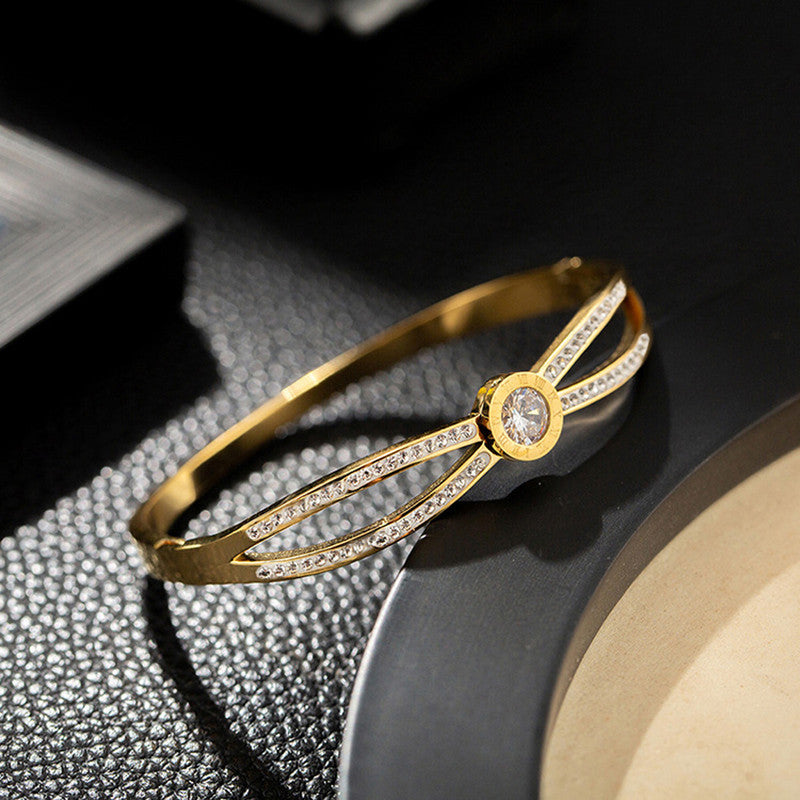 Jewels Galaxy Stainless Steel Roman Numerals AD Studded Anti-Tarnish Bracelet For Women