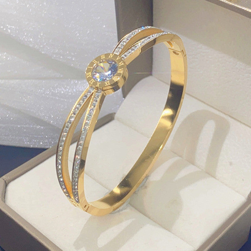 Jewels Galaxy Stainless Steel Roman Numerals AD Studded Anti-Tarnish Bracelet For Women