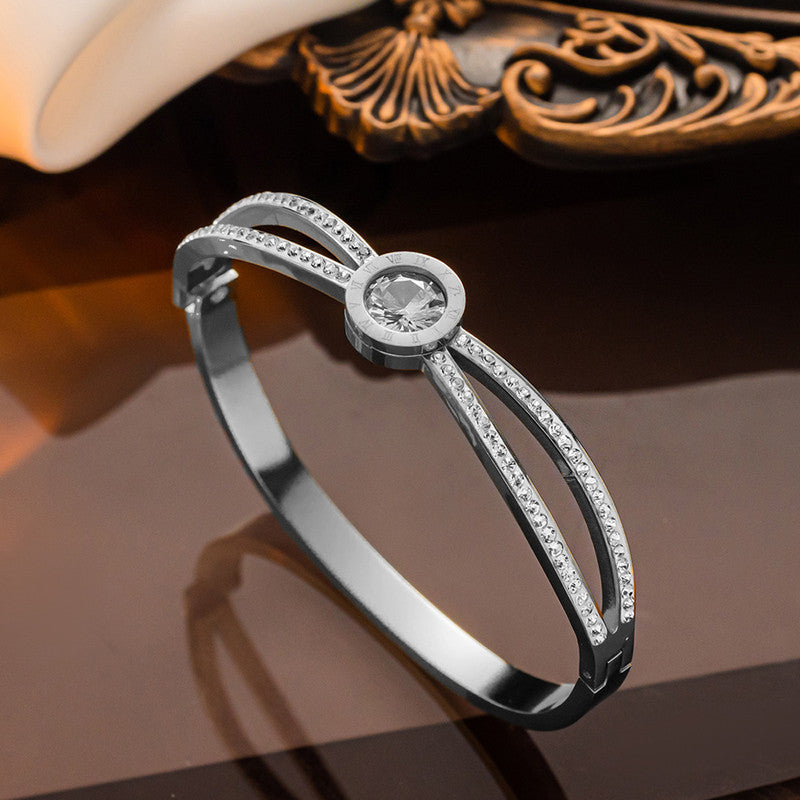Jewels Galaxy Stainless Steel Roman Numerals AD Studded Anti-Tarnish Bracelet For Women