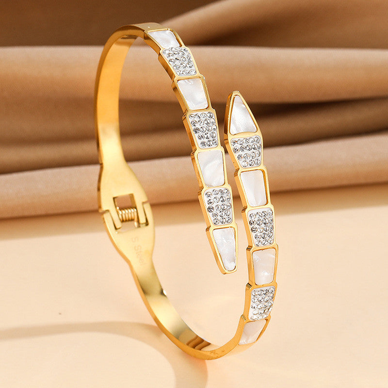 Jewels Galaxy Stainless Steel Mother of Pearl Snake Styled AD Studded Anti-Tarnish Bracelet