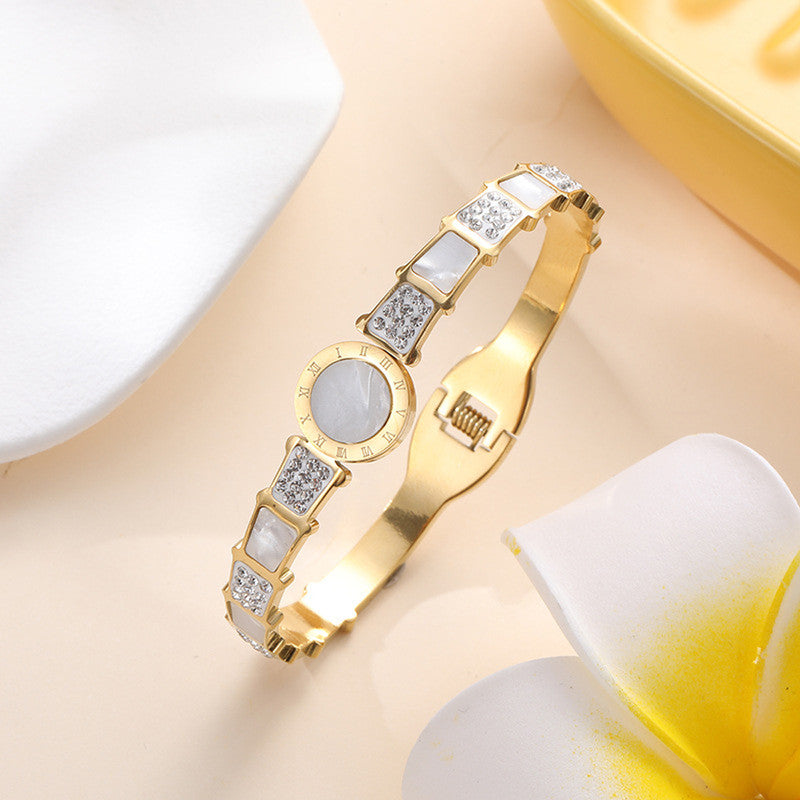 Jewels Galaxy Stainless Steel Mother of Pearl AD Studded Anti-Tarnish Bracelet For Women