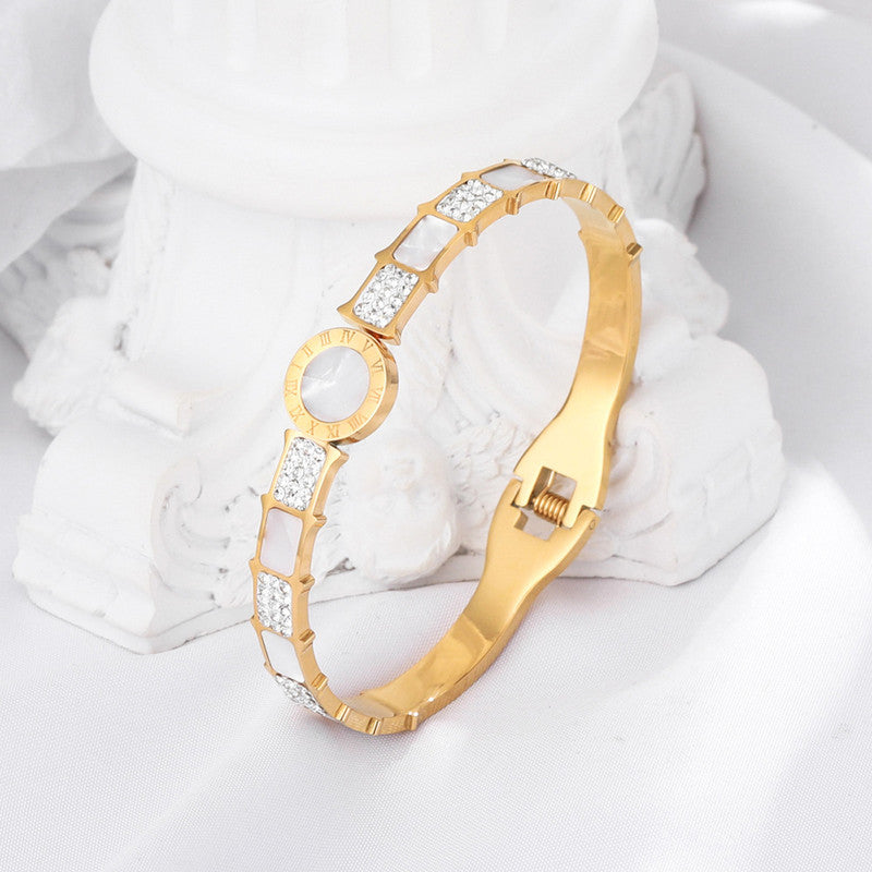 Jewels Galaxy Stainless Steel Mother of Pearl AD Studded Anti-Tarnish Bracelet For Women