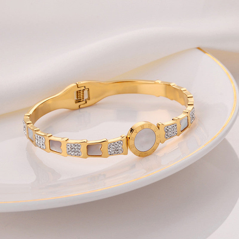 Jewels Galaxy Stainless Steel Mother Of Pearl Roman Numerals AD Studded Bracelet