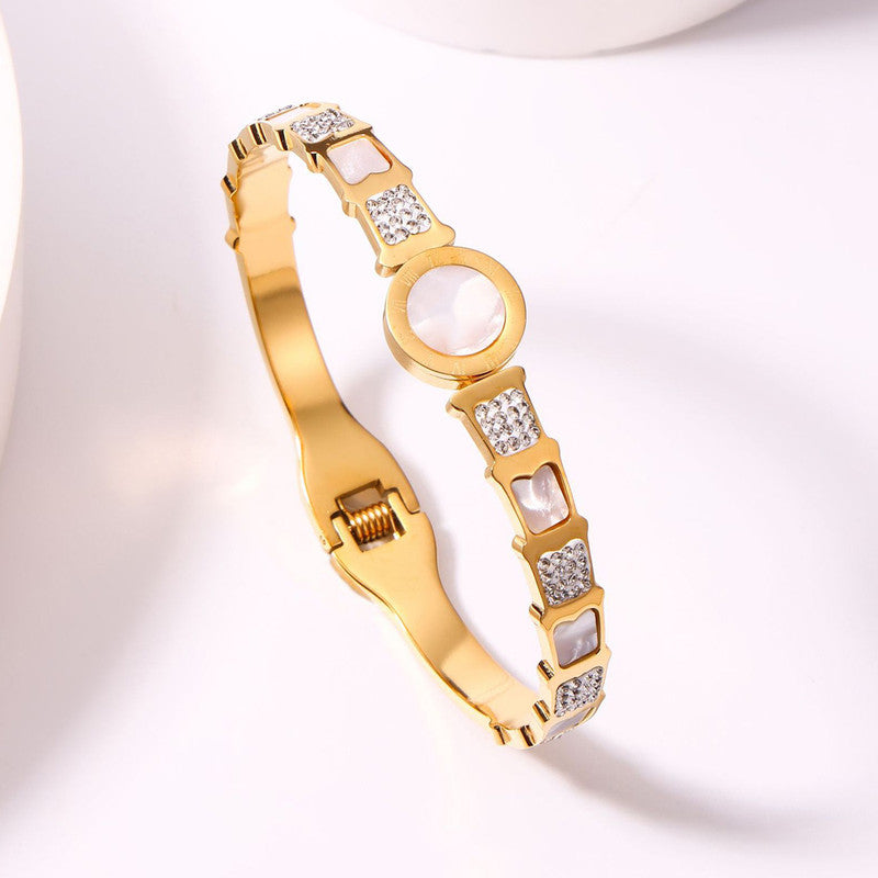 Jewels Galaxy Stainless Steel Mother Of Pearl Roman Numerals AD Studded Bracelet