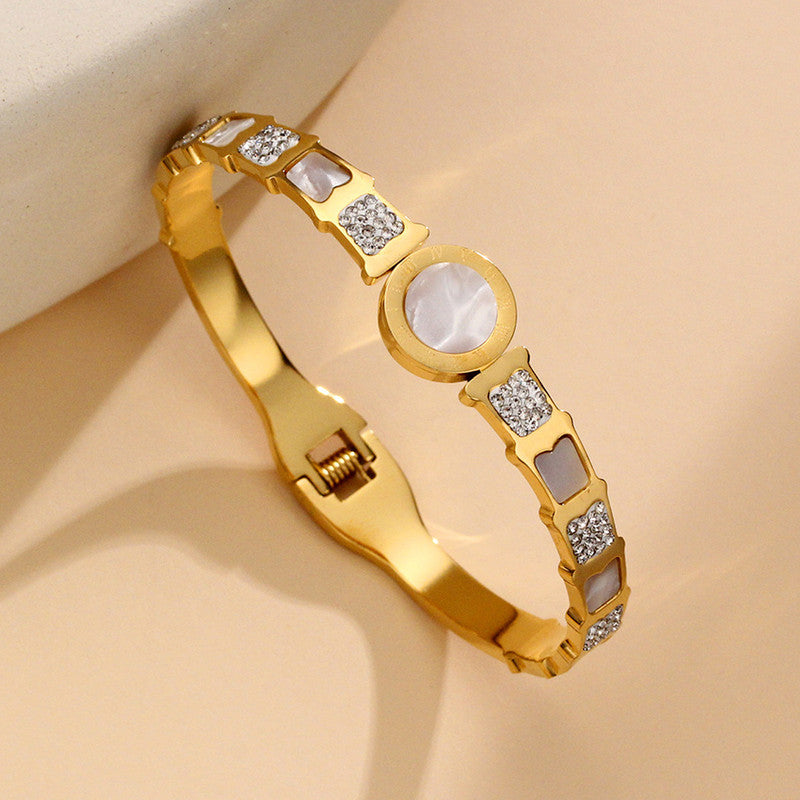 Jewels Galaxy Stainless Steel Mother Of Pearl Roman Numerals AD Studded Bracelet