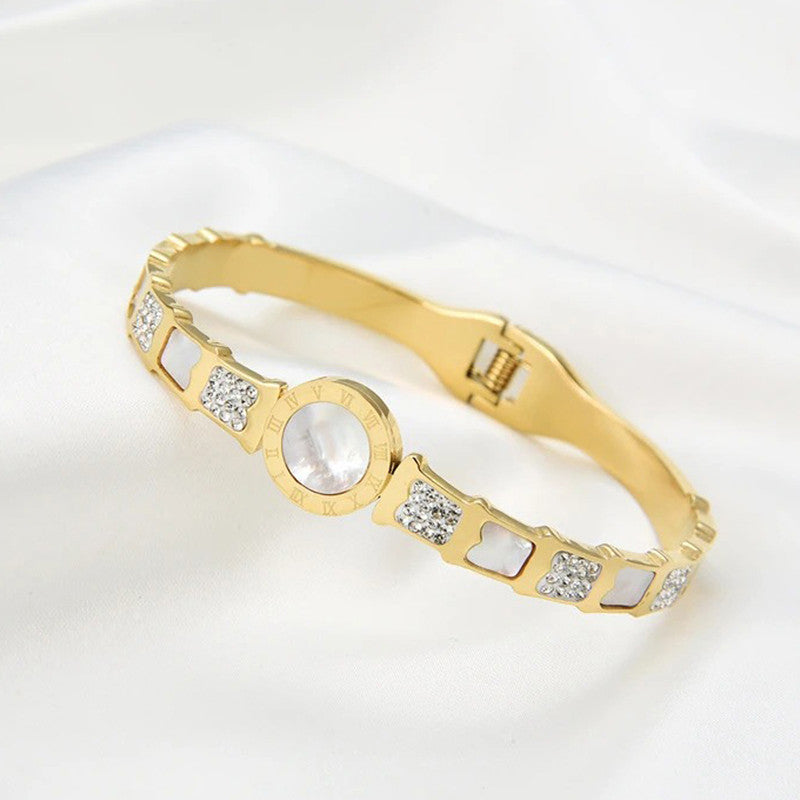 Jewels Galaxy Stainless Steel Mother Of Pearl Roman Numerals AD Studded Bracelet