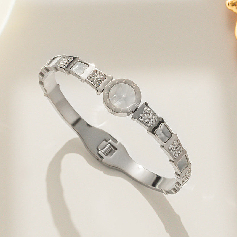 Jewels Galaxy Stainless Steel Mother Of Pearl Roman Numerals AD Studded Bracelet