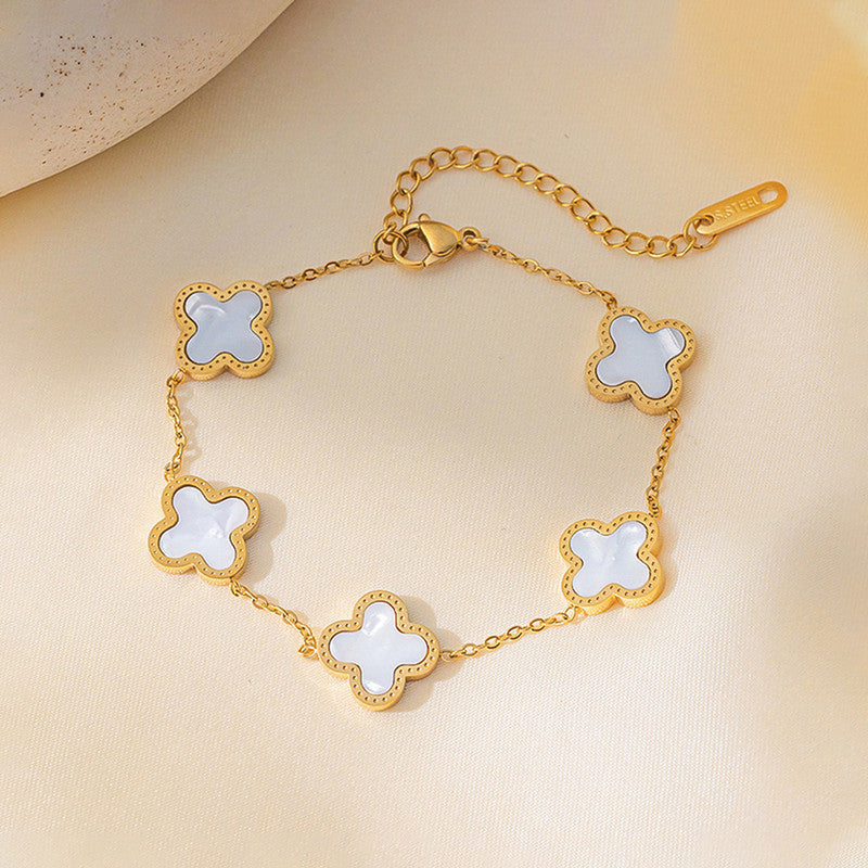 Jewels Galaxy Stainless Steel Anti-Tarnish Clover Mother of Pearl Link Bracelet For Women