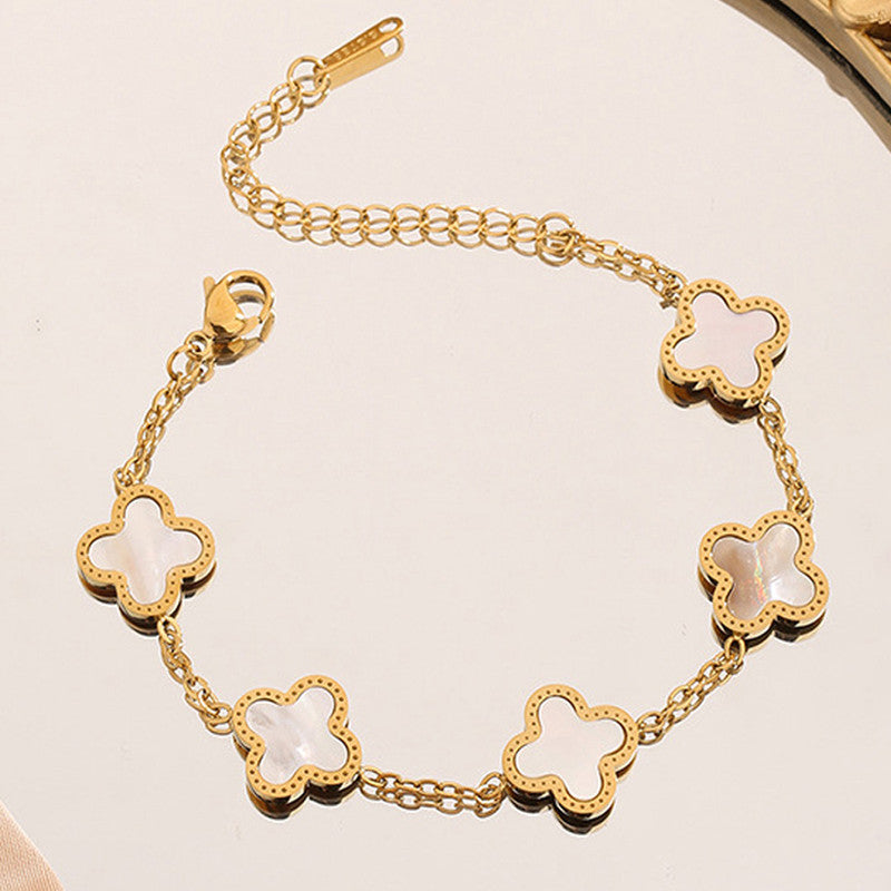 Jewels Galaxy Stainless Steel Anti-Tarnish Clover Mother of Pearl Link Bracelet For Women