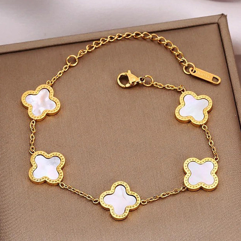 Jewels Galaxy Stainless Steel Anti-Tarnish Clover Mother of Pearl Link Bracelet For Women