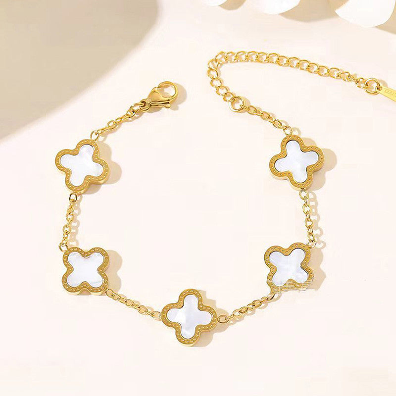 Jewels Galaxy Stainless Steel Anti-Tarnish Clover Mother of Pearl Link Bracelet For Women