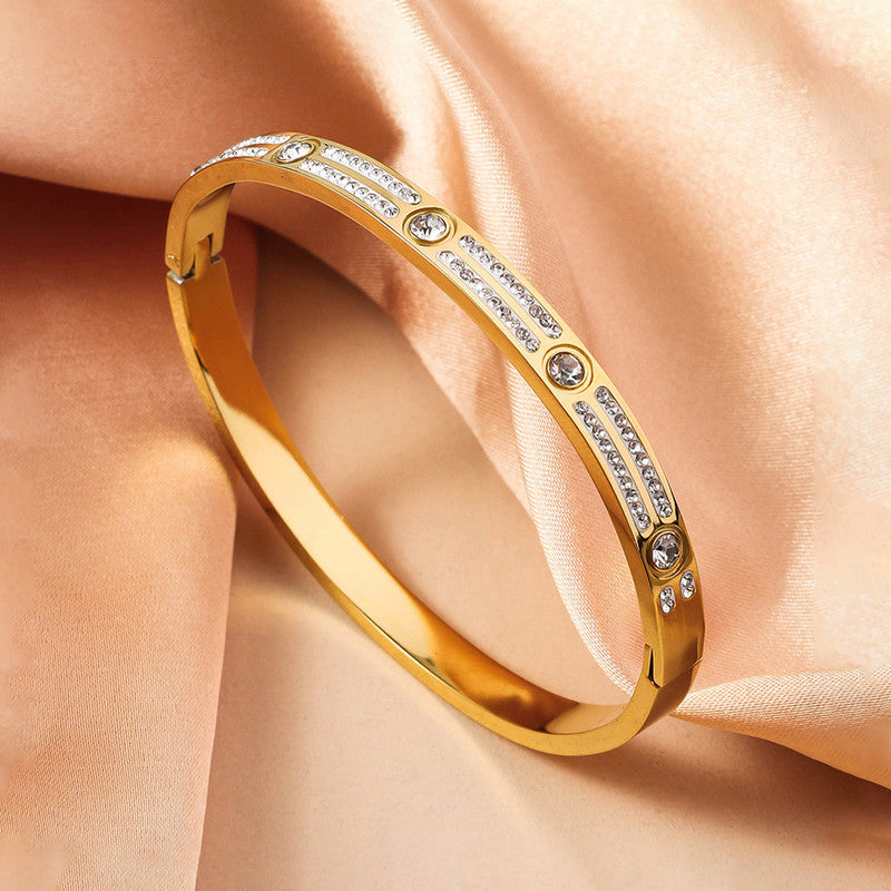 Jewels Galaxy Stainless Steel AD Studded Bangle-Style Anti-Tarnish Bracelet For Women