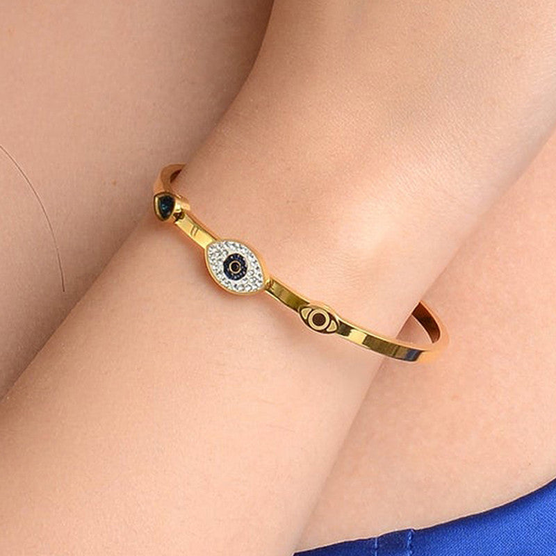 Jewels Galaxy Stainless Steel AD Evil Eye Bangle-Style Anti-Tarnish Bracelet For Women