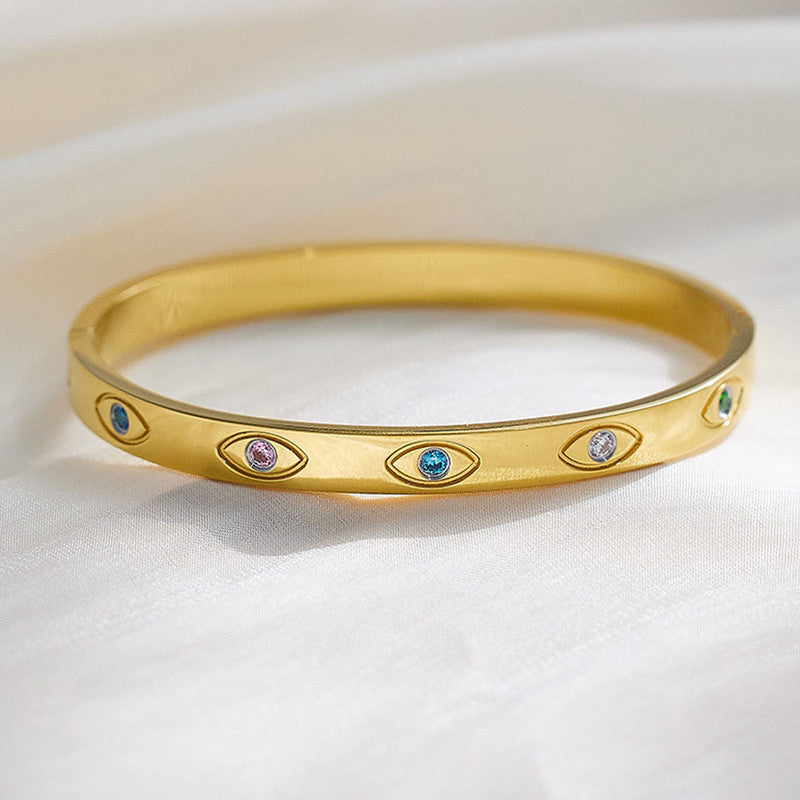 Jewels Galaxy Stainless Steel Gold-Plated Multicolor AD Evil Eye Bangle-Style Anti-Tarnish Bracelet