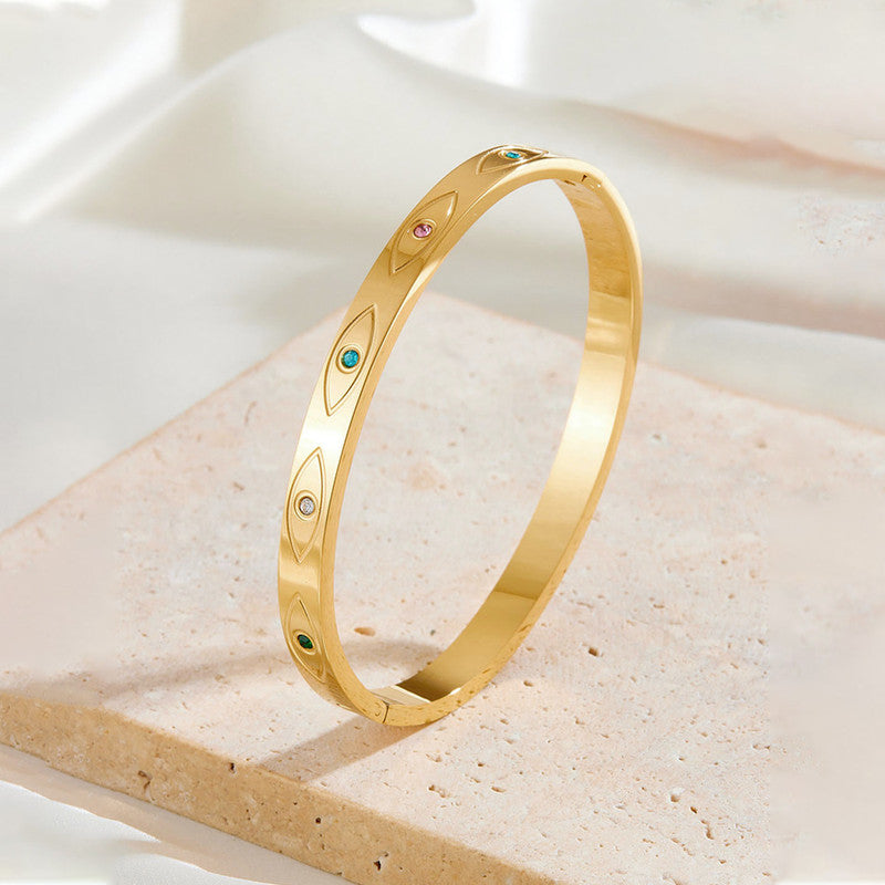Jewels Galaxy Stainless Steel Gold-Plated Multicolor AD Evil Eye Bangle-Style Anti-Tarnish Bracelet