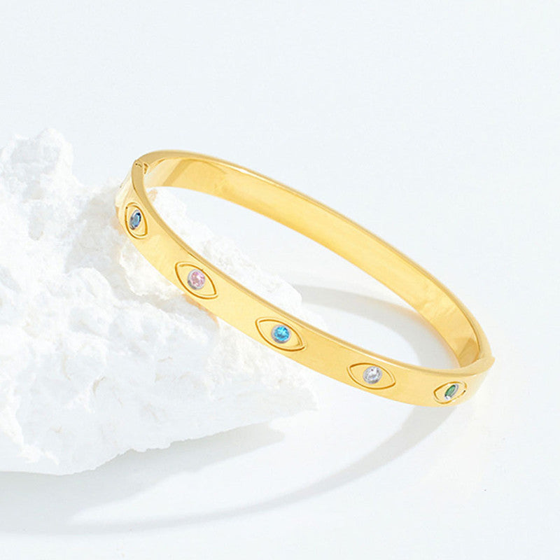 Jewels Galaxy Stainless Steel Gold-Plated Multicolor AD Evil Eye Bangle-Style Anti-Tarnish Bracelet