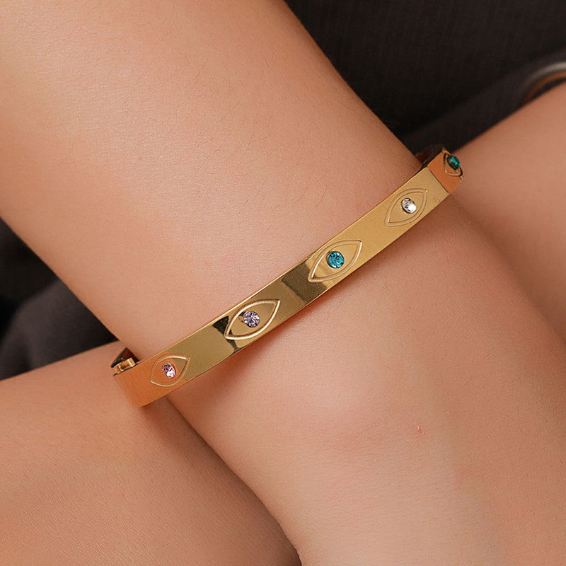 Jewels Galaxy Stainless Steel Gold-Plated Multicolor AD Evil Eye Bangle-Style Anti-Tarnish Bracelet