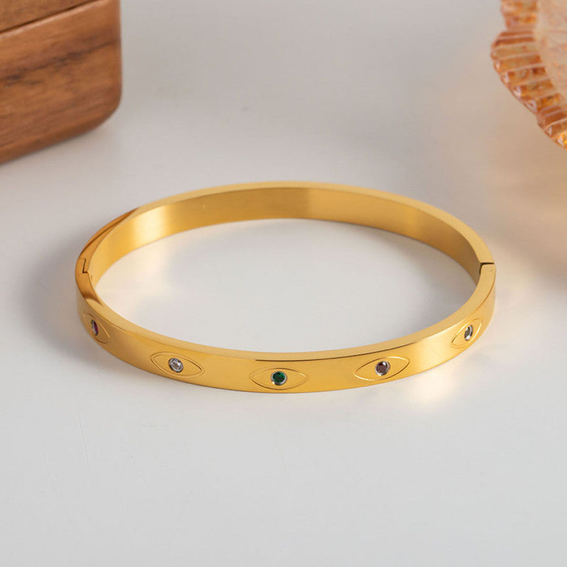 Jewels Galaxy Stainless Steel Gold-Plated Multicolor AD Evil Eye Bangle-Style Anti-Tarnish Bracelet