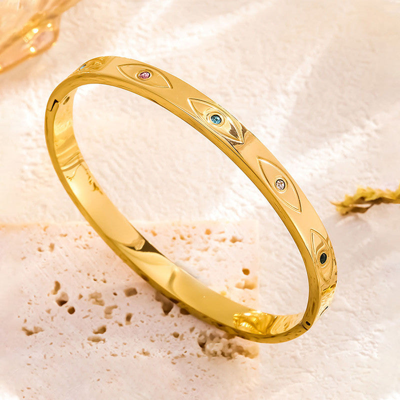Jewels Galaxy Stainless Steel Gold-Plated Multicolor AD Evil Eye Bangle-Style Anti-Tarnish Bracelet