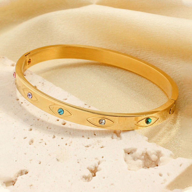 Jewels Galaxy Stainless Steel Gold-Plated Multicolor AD Evil Eye Bangle-Style Anti-Tarnish Bracelet