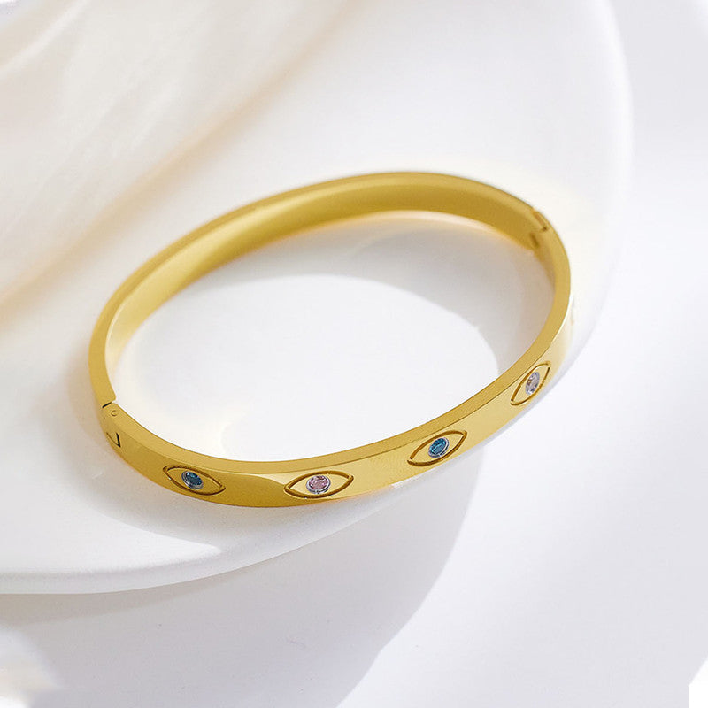 Jewels Galaxy Stainless Steel Gold-Plated Multicolor AD Evil Eye Bangle-Style Anti-Tarnish Bracelet
