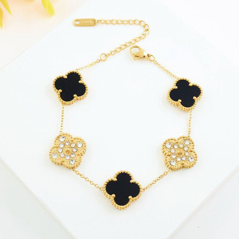 Jewels Galaxy Stainless Steel Gold-Plated Multicolor AD studded Clover Link Bracelet For Women