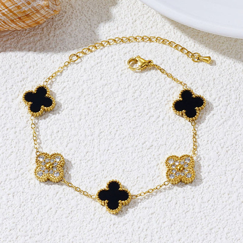 Jewels Galaxy Stainless Steel Gold-Plated Multicolor AD studded Clover Link Bracelet For Women